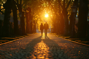 A couple enjoying a romantic sunset stroll through a tree-lined avenue