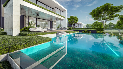 3d rendering of flat roof house with parking and pool for sale or rent with concrete facade and beautiful landscaping on background. Clear sunny summer day with blue sky.