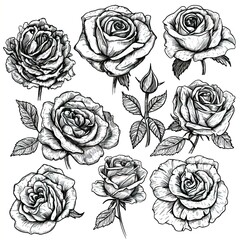 A set of black and white roses with a variety of styles and sizes