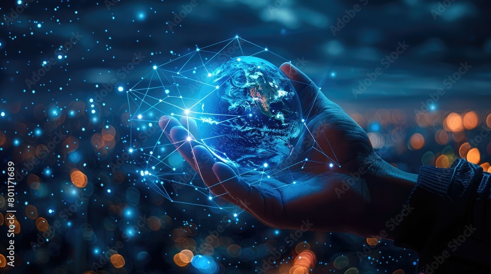 Poster hand index finger touching globe over city background in the form of a technological miracle dark bl
