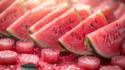   Red surface holds sliced watermelon and cubed ice, adorned with water droplets