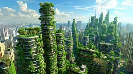 A conceptual design of a city that integrates nature and urban living, with skyscrapers covered in verdant greenery and rooftop gardens. 