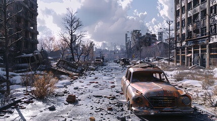 Post-Apocalyptic Desolation: Ruined Cityscape with Decimated Buildings, Burnt-Out Vehicles, and Shattered Roads.