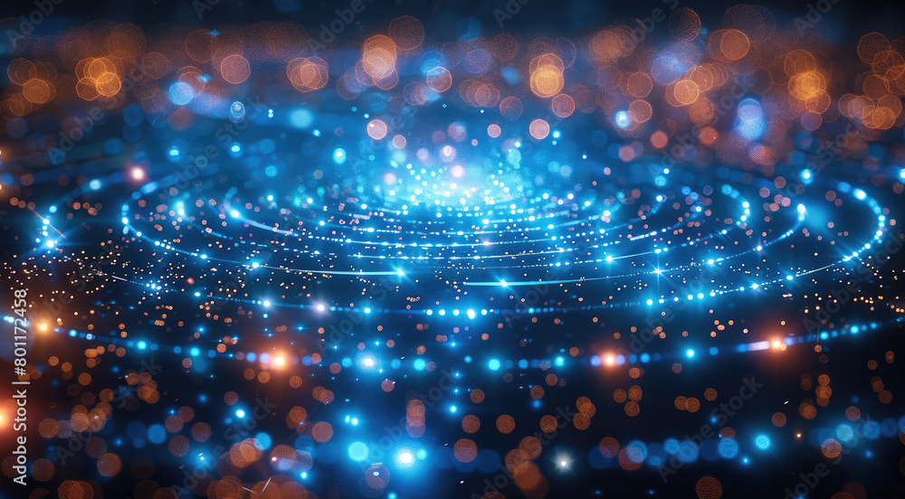 Aufkleber Blue background with digital technology and glowing light circles on the floor, creating an abstract futuristic concept of data transfer in cyberspace. a sense of advanced tech. Generative AI.