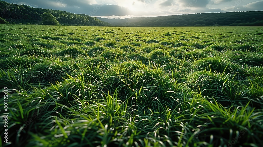 Poster an big, flat and open grass field. all the grass is green. generative ai.