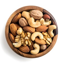 Wooden bowl with mixed nuts on white table top view