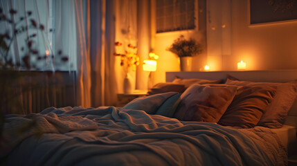  A cozy bedroom at night with soft lighting, plush bedding, and scattered candles comfort bed and pillow, interior