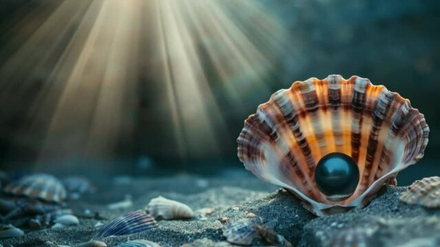 Black pearl in a seashell on the sand