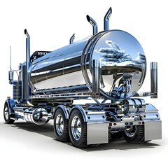 
A large chrome fuel tanker truck isolated from the white or transparent background