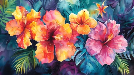 Vibrant Tropical Flowers and Foliage in Watercolor
