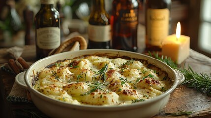   A tight shot of a casserole in a pan on a table, surrounded by wine bottles in the backdrop