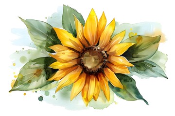 Vibrant Watercolor Sunflower Clipart: Bold Yellow Petals and Brown Center