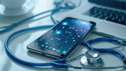 A stethoscope is draped over a smartphone.
