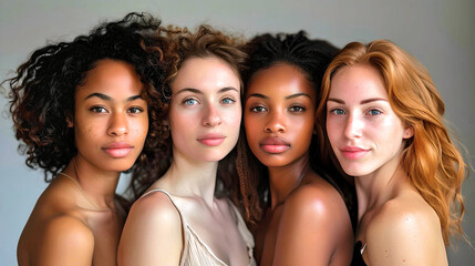 Obraz premium Portrait of four beautiful women of different ethnicities closely grouped together, symbolizing unity and diversity. 