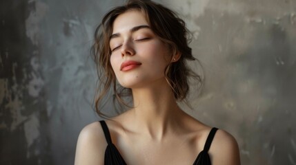 Fototapeta premium A woman in a black dress with her eyes closed