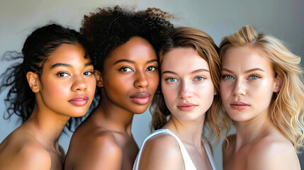 Fototapeta premium Four young women of diverse ethnic backgrounds posing together, showcasing beauty and friendship. 
