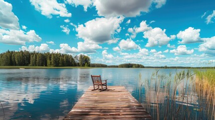 Landscape with a long wooden pier with chairs for fishing and relaxing enjoying the lake view