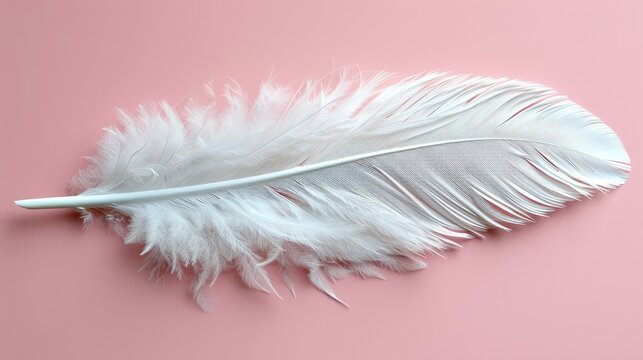   A white feather atop a pink surface, adjacent to a sheet of paper bearing a similar white feather
