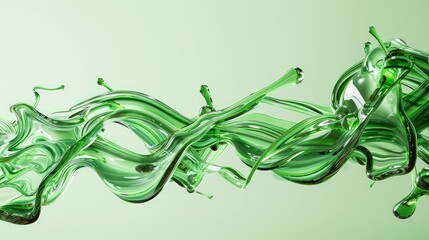 A dynamic scene of green glass blobs in mid-movement, their shapes elongated and flowing, suggesting fluidity and change.