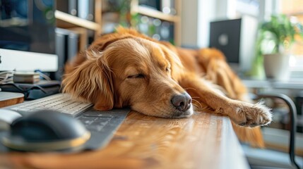 A golden retriever dog sleeping on a desk with a computer mouse and keyboard.