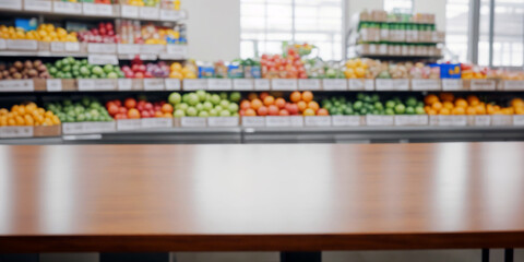 An empty brown wooden table inside a grocery store. Sharp focus on the table. Blurred soft slightly bokeh background with bright lights.