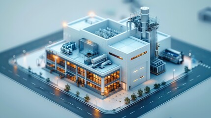 A two-store building, high-tech factory that produces intelligent equipment, animal husbandry equipment, isometric, pure white background. Generative AI.