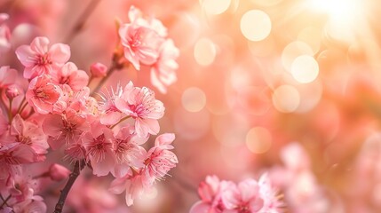 A close-up of a branch of cherry blossoms with a blurred background.

