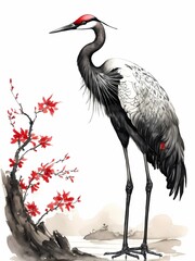 Shuimo hua,black and red ink, a crane in chinese style generative AI illustration - obrazy, fototapety, plakaty