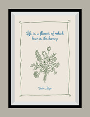 Minimal hand drawn vector dolce vita illustration with aesthetic quote in a poster frame. Matisse style illustrations.