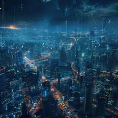 The image is of a futuristic city at night. There are many tall buildings and a lot of lights. There are also some clouds in the sky and a few stars.

