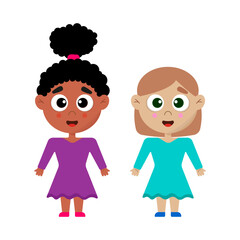 Illustration depicting two girls in dresses on a white background. One girl is African American and the other is fair skinned.