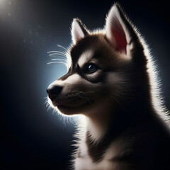 Obraz premium A husky puppy,well highlighted coat on a dark background. Close-up