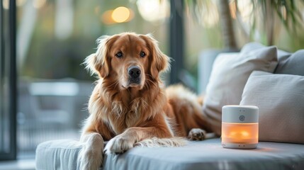 A golden retriever poses next to a lit candle on a couch