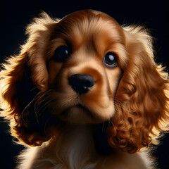 A puppy English cocker spaniel, red colour, well highlighted coat on a dark background. Close-up