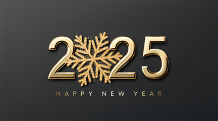 Happy New Year 2025 greeting card. Golden realistic metallic numbers 2025 with snowflake and shadow.