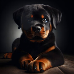 Obraz premium Rottweiler puppy well highlighted coat on dark background. Close-up