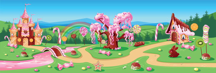 Cake castle, candy tree and gingerbread house in candy land. Confectionery. Fairytale land sweet background. Vector illustration.