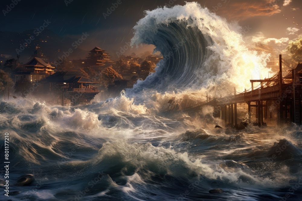 Poster a large wave crashes violently over a pier, causing a surge of water and foam. generative ai