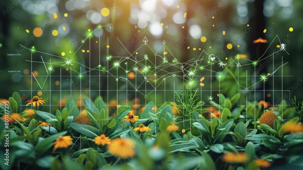 Poster A visually compelling graph and analysis image for an ECO business, highlighting sustainability and incorporate key data points, and include symbols representing renewable energy. Generative AI.