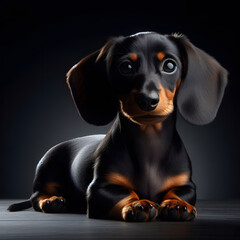 Dachshund puppy well highlighted coat on dark background. Close-up