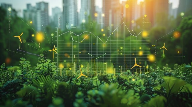 A visually compelling graph and analysis image for an ECO business, highlighting sustainability and incorporate key data points, and include symbols representing renewable energy. Generative AI.