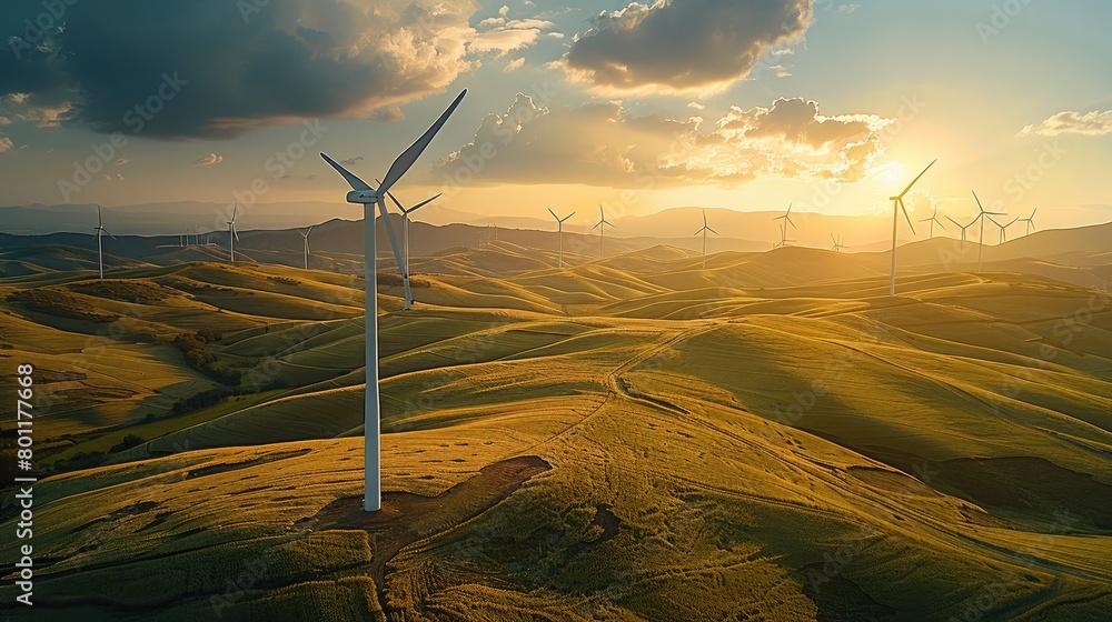 Poster an aerial view a field of wind turbines amidst rolling hill, focusing on the hydrogen extraction and
