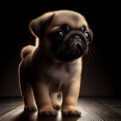 Pug puppy well highlighted coat on dark background. Close-up