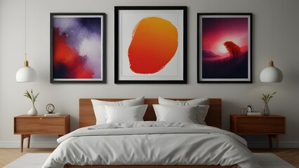 3 Vertical Wall Art Mockup, Interior Design of Bedroom White Theme, Bedroom Wall Art Mockup