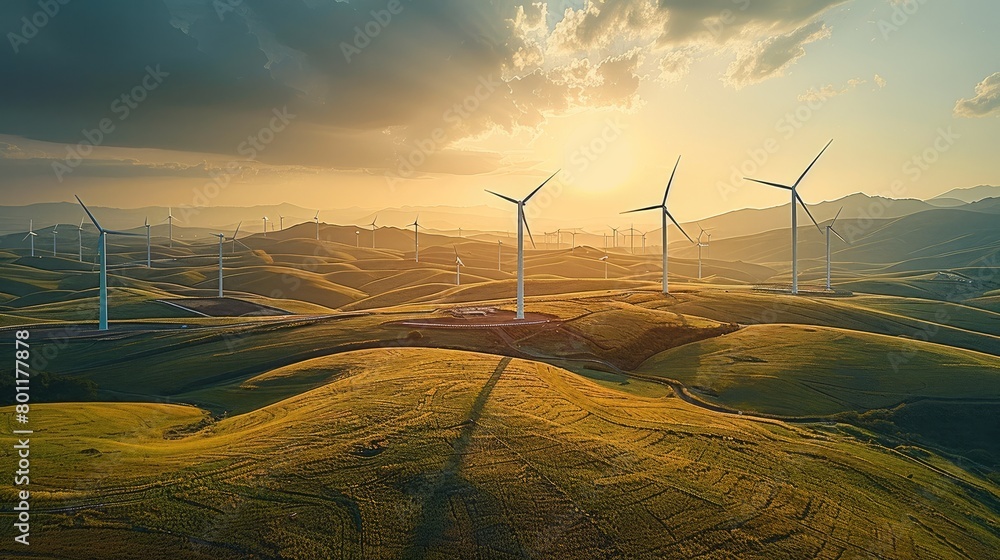Poster an aerial view a field of wind turbines amidst rolling hill, focusing on the hydrogen extraction and