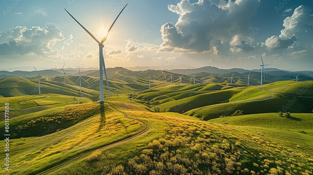 Poster an aerial view a field of wind turbines amidst rolling hill, focusing on the hydrogen extraction and