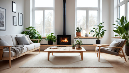 Fototapeta premium Contemporary Living Room with Fireplace and Plants