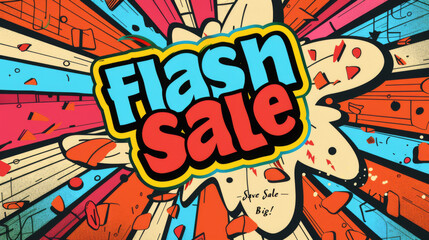 A brightly colored comic book-style illustration promoting a 'Flash Sale' with an explosive and dynamic background design.