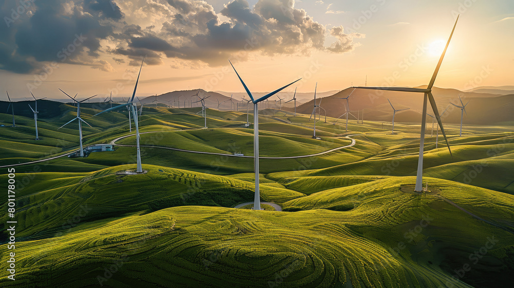 Poster an aerial view a field of wind turbines amidst rolling hill, focusing on the hydrogen extraction and