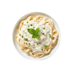 Creamy Alfredo fettuccine pasta topped with fresh herbs, served on a white plate, isolated on a transparent background. Generative AI